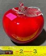 Red Glass Apple Paperweight with Clear Leaf Accent, 3″