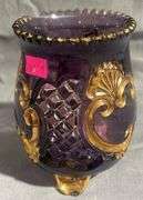 Purple Amethyst Glass Footed Spooner with Gold-Tone Embellishments, (chipped and cracked) 5″