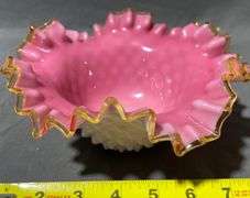 Pink and White Hobnail Glass Bowl with Ruffled Edged Rim, 6″