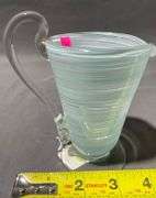 Hand-Blown Glass Pitcher with Swirled Light Blue Detailing