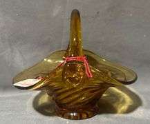 Amber Glass Basket with Swirled Base and Handle, 6x5x5″