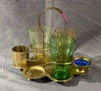 Brass Drink Server with Colored Glass Cups and Accessories, 4.5″