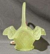 Uranium Glass Basket with Crimped Rim and Loop Handle, 5.5×6.5×6.5″