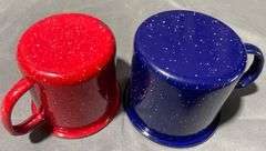 Red and Blue Enamel-Coated Metal Mugs with White Speckled Finish