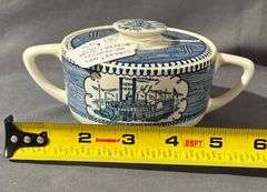 Currier & Ives Cream and Sugar with Blue Transferware Design