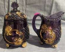Amethyst Glass Footed Creamer and Sugar with Gold-Tone Accents, 5", 7"