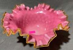 Pink and White Hobnail Glass Bowl with Ruffled Edged Rim, 6″