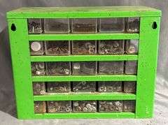 Green Metal Organizer with 24 Plastic Drawers & Contents