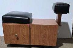Pedicure Stool with Black Upholstered Cushions and Storage Drawer on Casters 29″ x 13″ x 20″