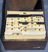 Wood Box with Index Cards and Wilton Cast Iron Matchbox Holder