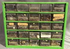Green Metal Organizer with 24 Plastic Drawers & Contents