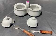 White Double Condiment Holder with Lids and Wood-Handled Spoons, 6″