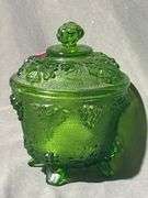 Green Pressed Glass Footed Candy Dish with Lid and Grape Design (Chip on Lid), 4×6″