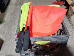 Sports Items Including Wilson Footballs, Air Pump, Flags, and Banners