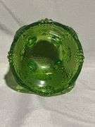 Green Pressed Glass Footed Candy Dish with Lid and Grape Design (Chip on Lid), 4×6″