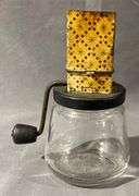 Androck Glass Base Hand-Crank Food Grinder with Metal Grating Top