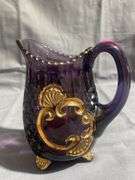 Amethyst Glass Footed Creamer and Sugar with Gold-Tone Accents, 5", 7"