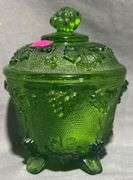 Green Pressed Glass Footed Candy Dish with Lid and Grape Design (Chip on Lid), 4×6″