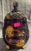 Amethyst Glass Footed Creamer and Sugar with Gold-Tone Accents, 5", 7"