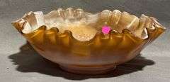 Caramel Slag Glass Bowl with Embossed Windmill Design, 8×2.5″
