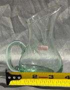 Green Glass Pitcher with Curved Handle, Approximately 4”x5”