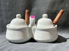 White Double Condiment Holder with Lids and Wood-Handled Spoons, 6″