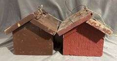 Two Distressed Wood Birdhouses With Hinged Roofs