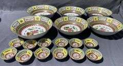 Asian Motif Porcelain Bowls With Polychrome Floral Motifs, 18 Pieces some chipps