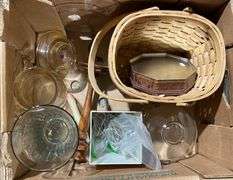 Glassware, Bottles, Basket, And Decorative Plate