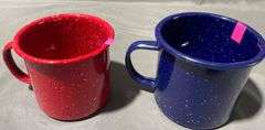Red and Blue Enamel-Coated Metal Mugs with White Speckled Finish