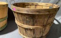Two Round Slatted Fruit Baskets with Metal Wire Handles