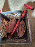 Sports Items Including Wilson Footballs, Air Pump, Flags, and Banners
