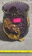Purple Amethyst Glass Footed Spooner with Gold-Tone Embellishments, (chipped and cracked) 5″