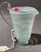 Hand-Blown Glass Pitcher with Swirled Light Blue Detailing