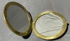 Round Brass Compact with Painted Scene and Dual Mirrors, 4″