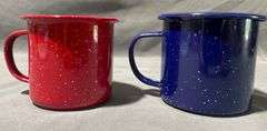 Red and Blue Enamel-Coated Metal Mugs with White Speckled Finish