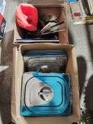 Stainless Steel Food Pans with Lids and Assorted Kitchen Items