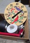 Household Items Including Outdoor Thermometer, Hamilton Beach Blender Base, and Cookware