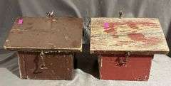 Two Distressed Wood Birdhouses With Hinged Roofs