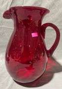 Handblown Red Glass Pitcher with Handle and Signed Base ‘Joe Deanor’, 9.5″