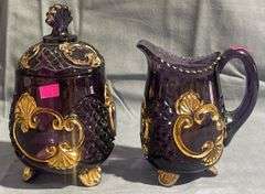 Amethyst Glass Footed Creamer and Sugar with Gold-Tone Accents, 5", 7"