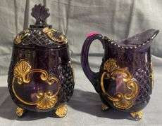 Amethyst Glass Footed Creamer and Sugar with Gold-Tone Accents, 5", 7"