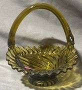 Avocado Green Swirl & Ruffled Glass Basket, 7x5x5.5″