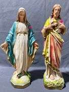Religious Figurines Depicting Virgin Mary and Sacred Heart of Jesus chipped