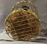 Black Textured Storage Box With Glass Knob Lid and Brass Wire Cage with Faux Nest