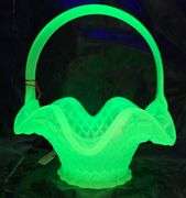 Uranium Glass Basket with Crimped Rim and Loop Handle, 5.5×6.5×6.5″