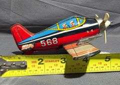 1950s Japanese F-80 Tin Friction Toy Airplane, 6” Long with 8” Wingspan