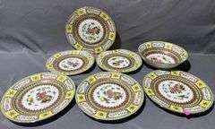 Asian Motif Porcelain Plates and Bowl with Floral and Geometric Patterns