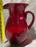 Handblown Red Glass Pitcher with Handle and Signed Base ‘Joe Deanor’, 9.5″