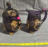 Amethyst Glass Footed Creamer and Sugar with Gold-Tone Accents, 5", 7"